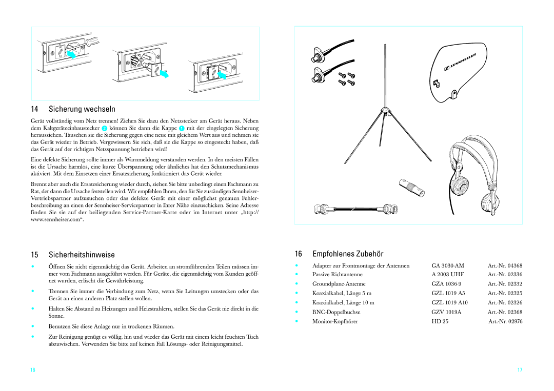 Sennheiser SR3054-U manual Sicherung wechseln, Sicherheitshinweise, Empfohlenes Zubehör 