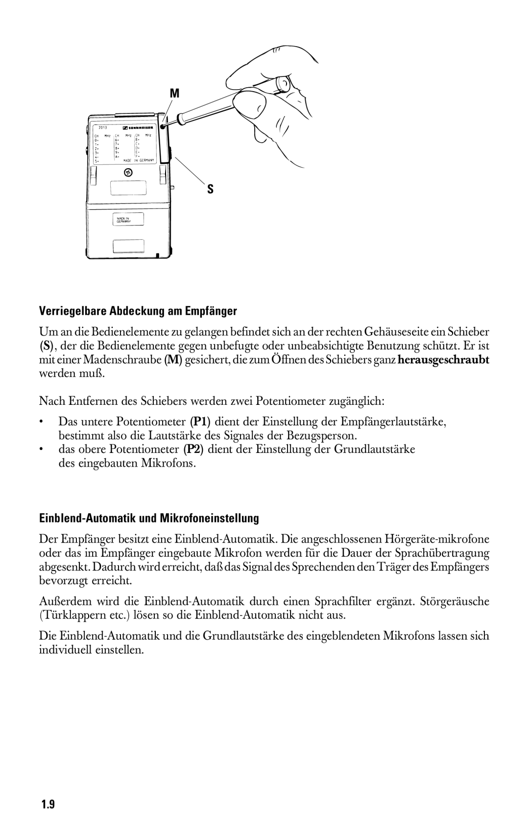 Sennheiser System 2013 PLL manual Verriegelbare Abdeckung am Empfänger, Einblend-Automatik und Mikrofoneinstellung 