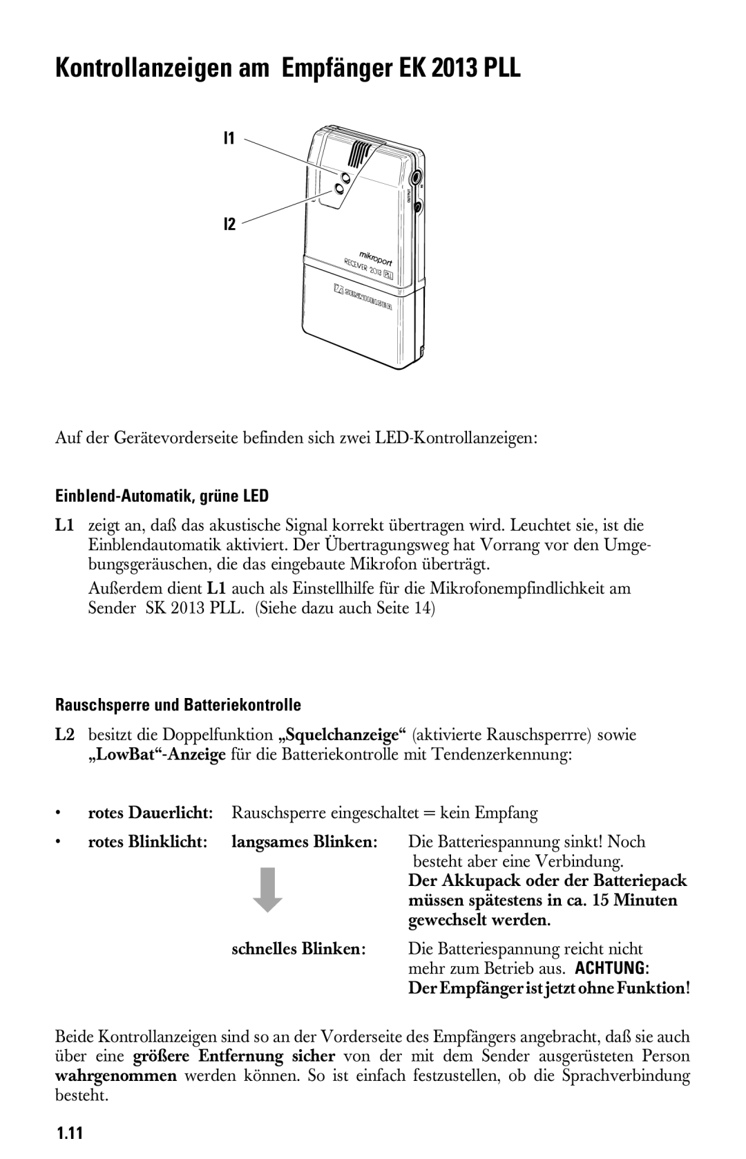 Sennheiser System 2013 PLL manual Kontrollanzeigen am Empfänger EK 2013 PLL, Einblend-Automatik, grüne LED 