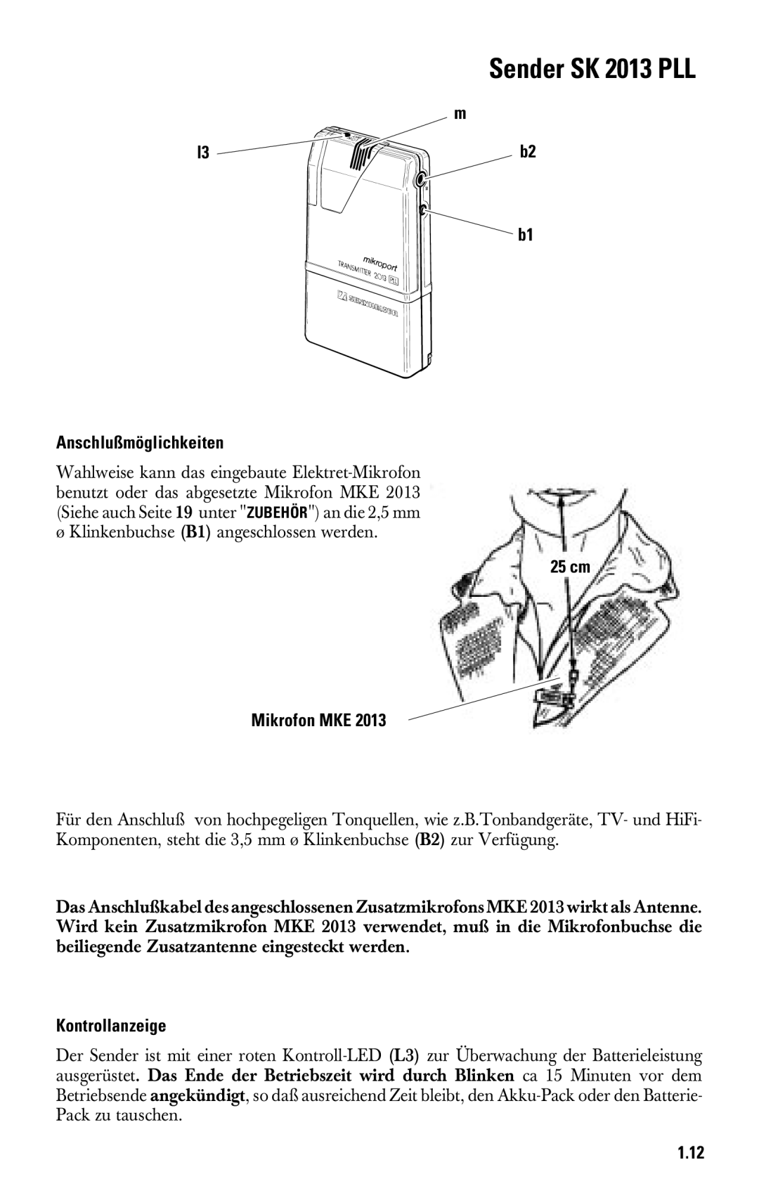 Sennheiser System 2013 PLL manual Sender SK 2013 PLL, B1 b1 Anschlußmöglichkeiten, cm Mikrofon MKE 