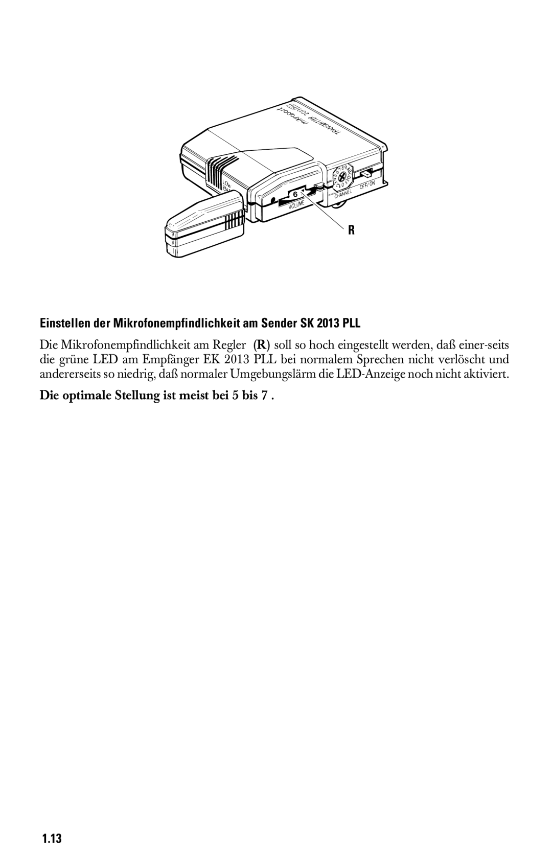 Sennheiser System 2013 PLL manual Einstellen der Mikrofonempfindlichkeit am Sender SK 2013 PLL 