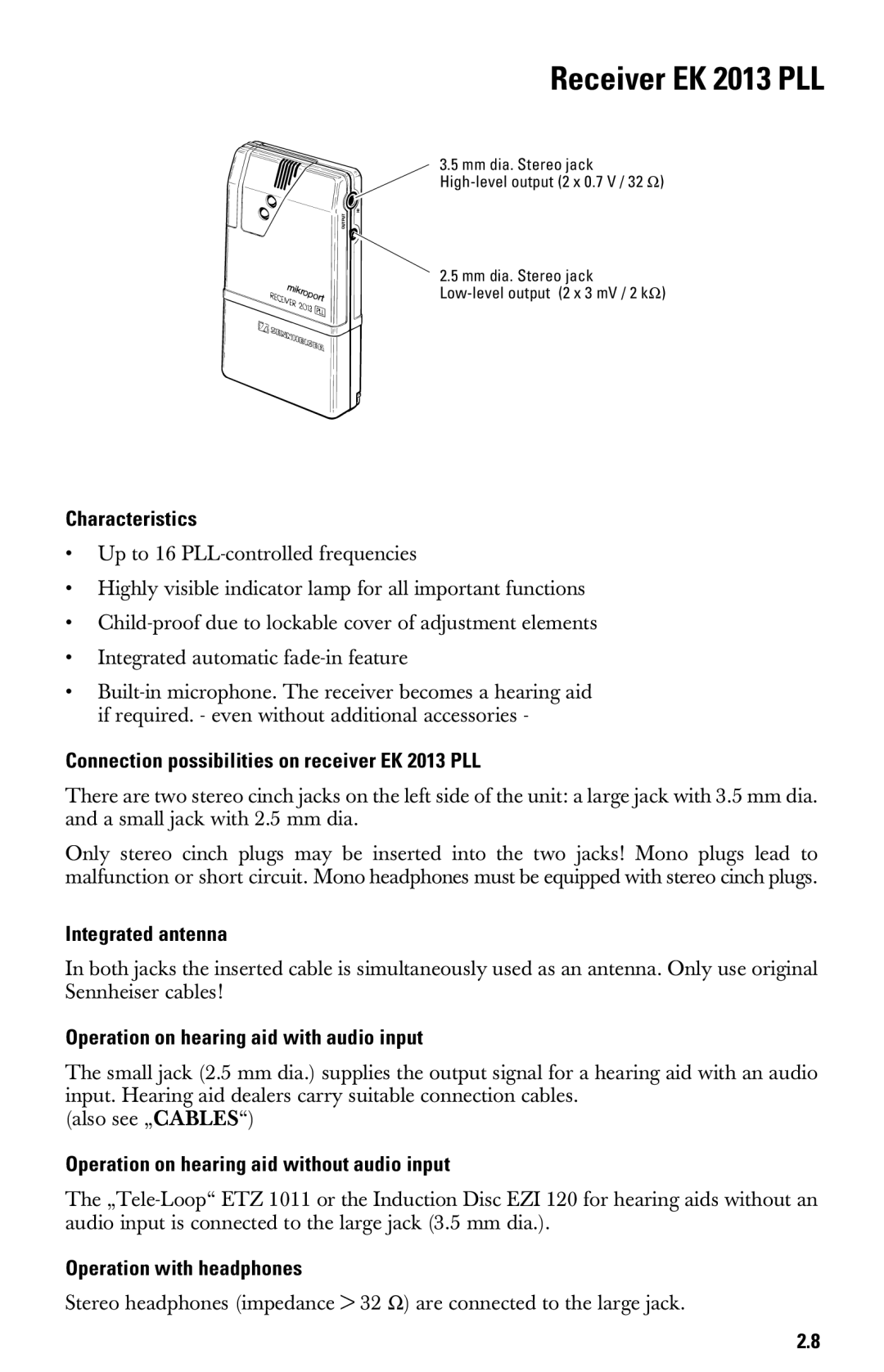 Sennheiser System 2013 PLL manual Characteristics, Connection possibilities on receiver EK 2013 PLL, Integrated antenna 