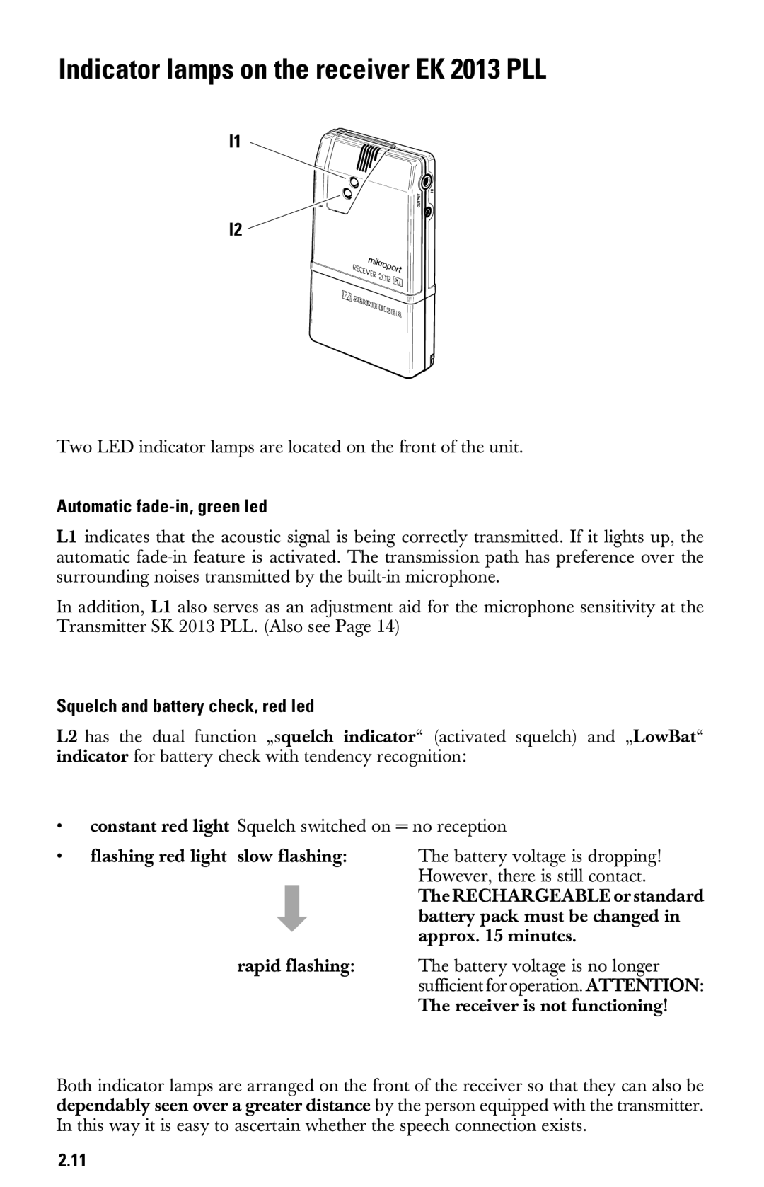 Sennheiser System 2013 PLL manual Indicator lamps on the receiver EK 2013 PLL, Automatic fade-in, green led 