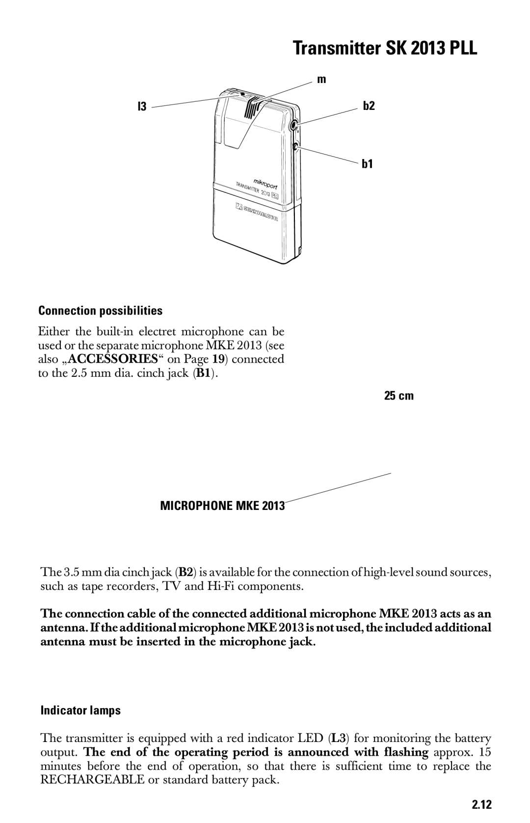 Sennheiser System 2013 PLL manual Transmitter SK 2013 PLL, B1 b1 Connection possibilities, 25 cm 