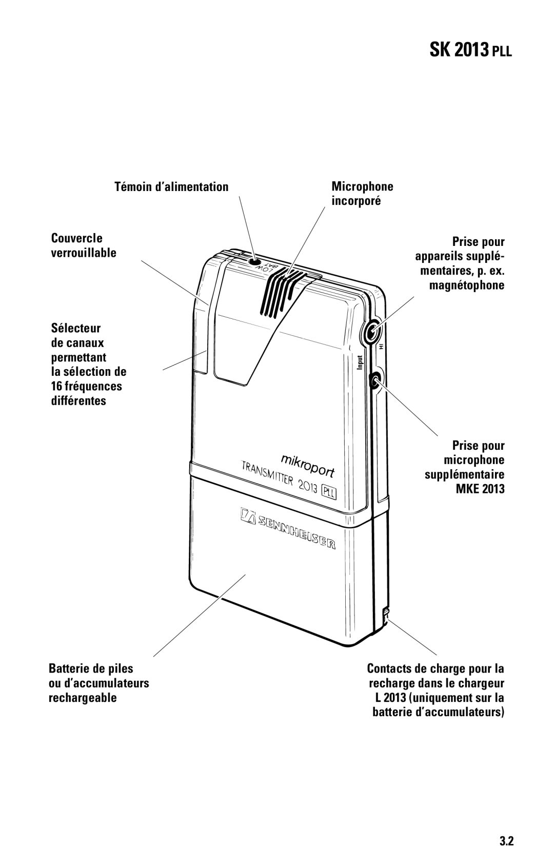 Sennheiser System 2013 PLL manual Témoin d’alimentation, Prise pour microphone supplémentaire MKE 