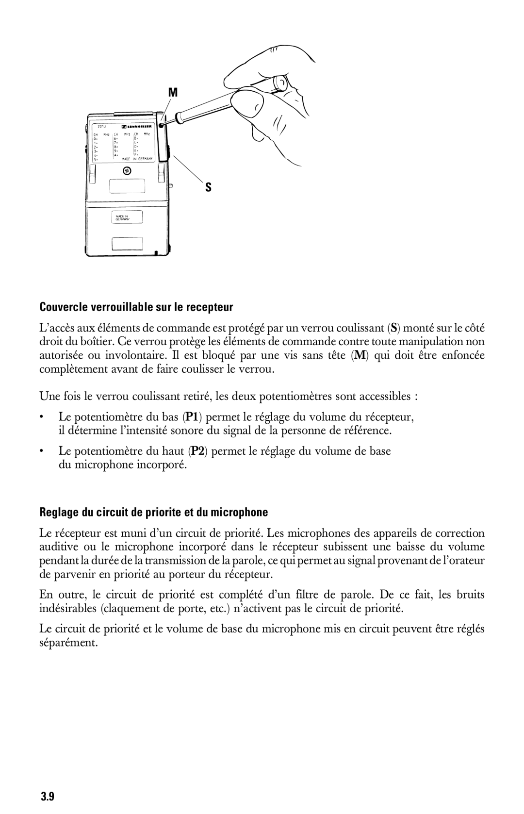 Sennheiser System 2013 PLL manual Couvercle verrouillable sur le recepteur, Reglage du circuit de priorite et du microphone 