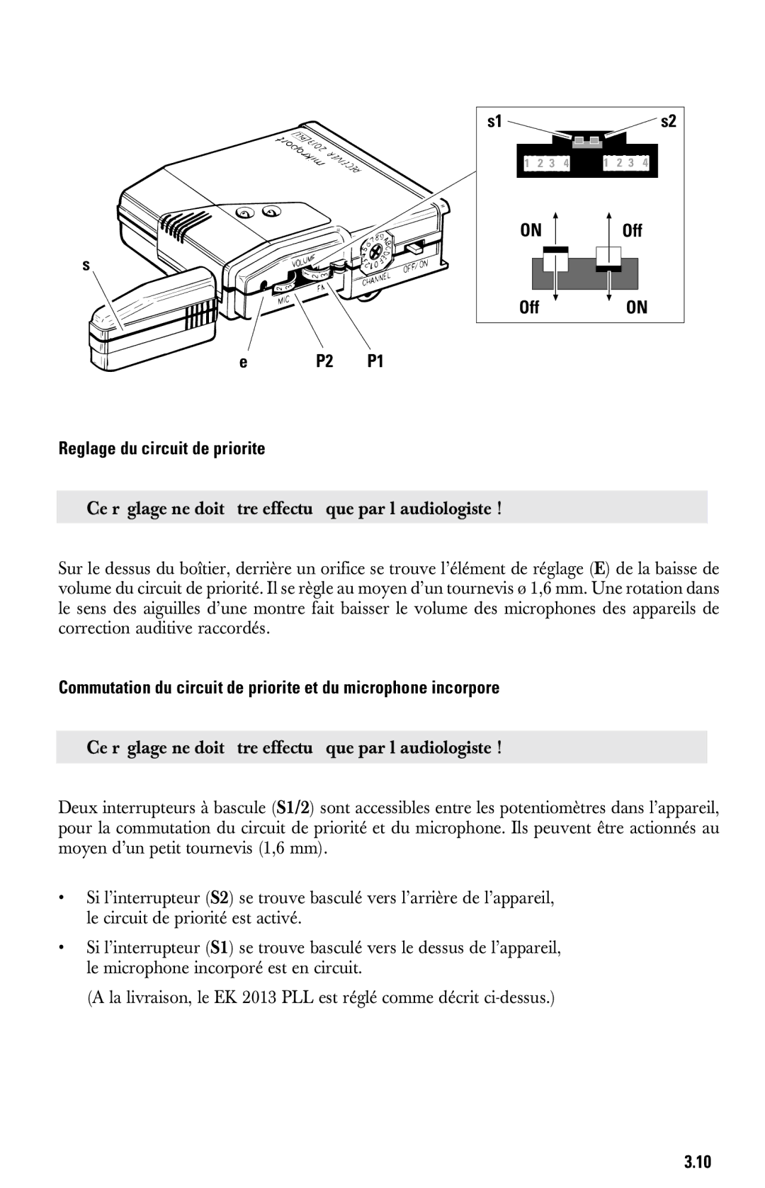 Sennheiser System 2013 PLL manual Reglage du circuit de priorite, OffON 