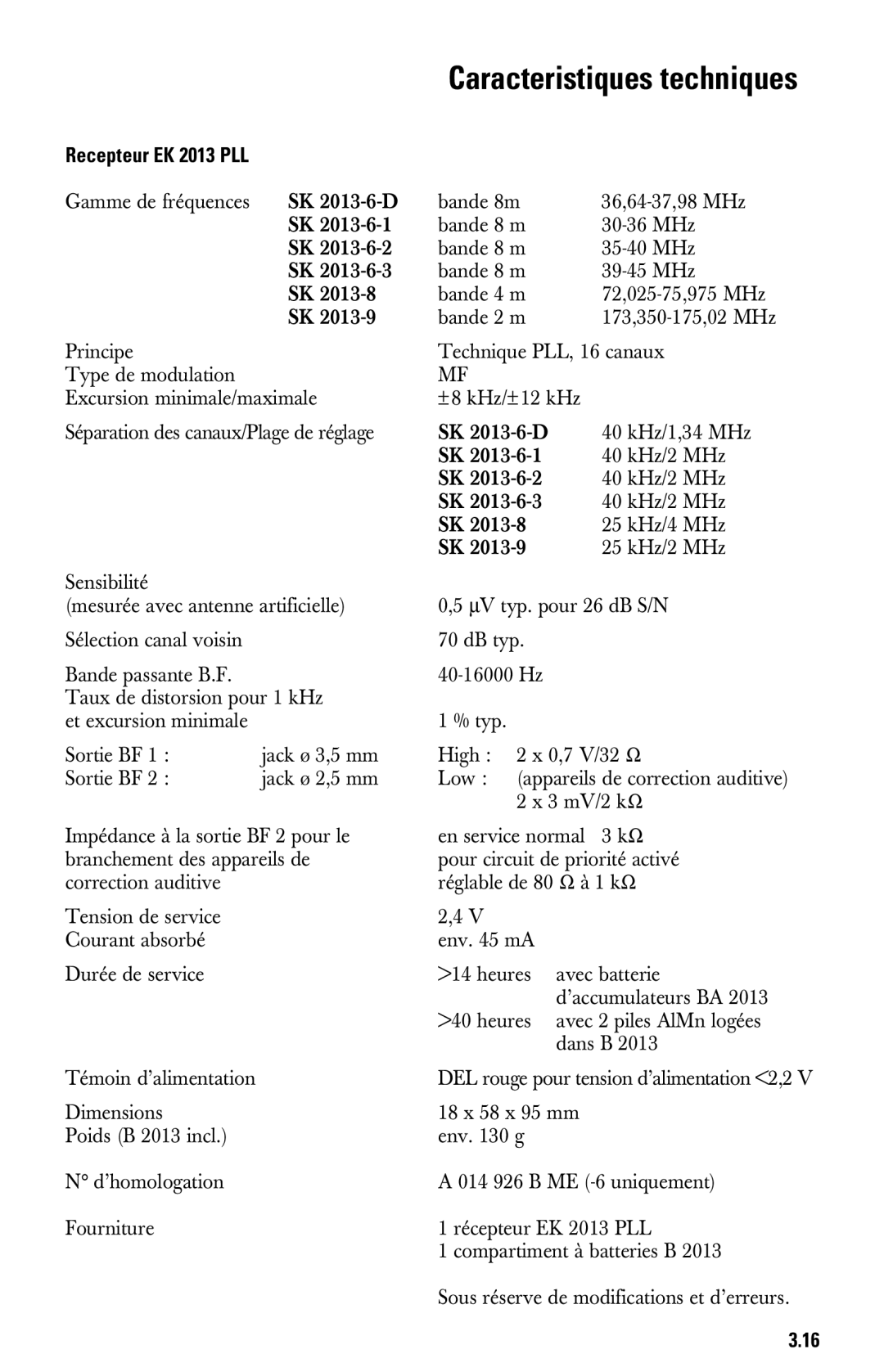 Sennheiser System 2013 PLL manual Caracteristiques techniques, Recepteur EK 2013 PLL 