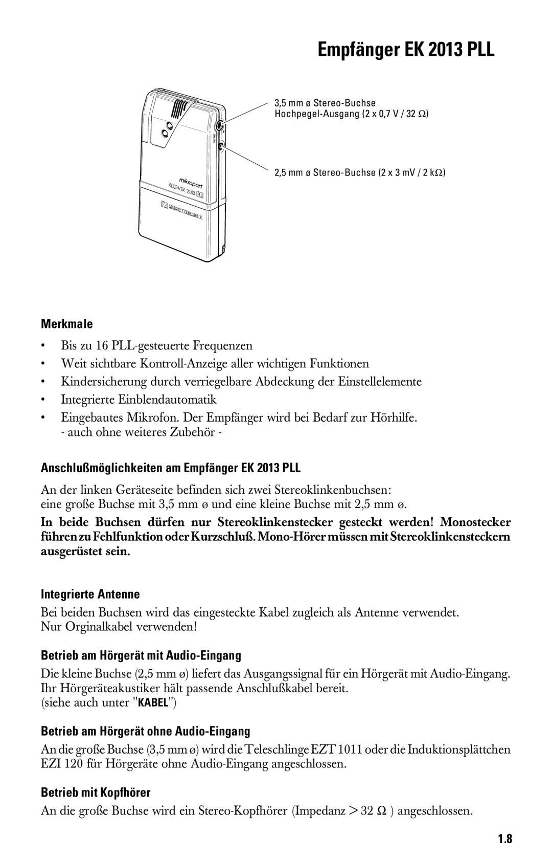 Sennheiser System 2013 PLL manual Empfänger EK 2013 PLL 