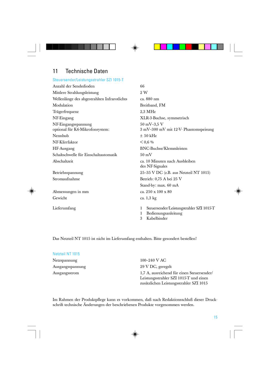 Sennheiser manual Technische Daten, Steuersender/Leistungsstrahler SZI 1015-T, Netzteil NT 