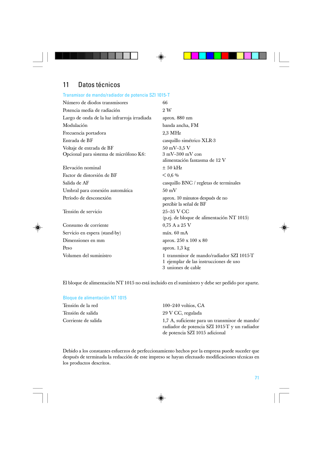 Sennheiser SZI 1015-T manual Datos técnicos, Bloque de alimentación NT 