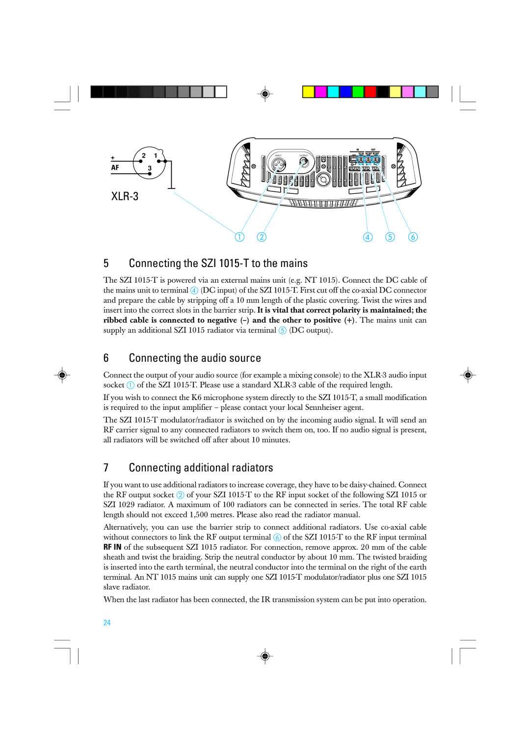 Sennheiser manual Connecting the SZI 1015-T to the mains, Connecting the audio source, Connecting additional radiators 