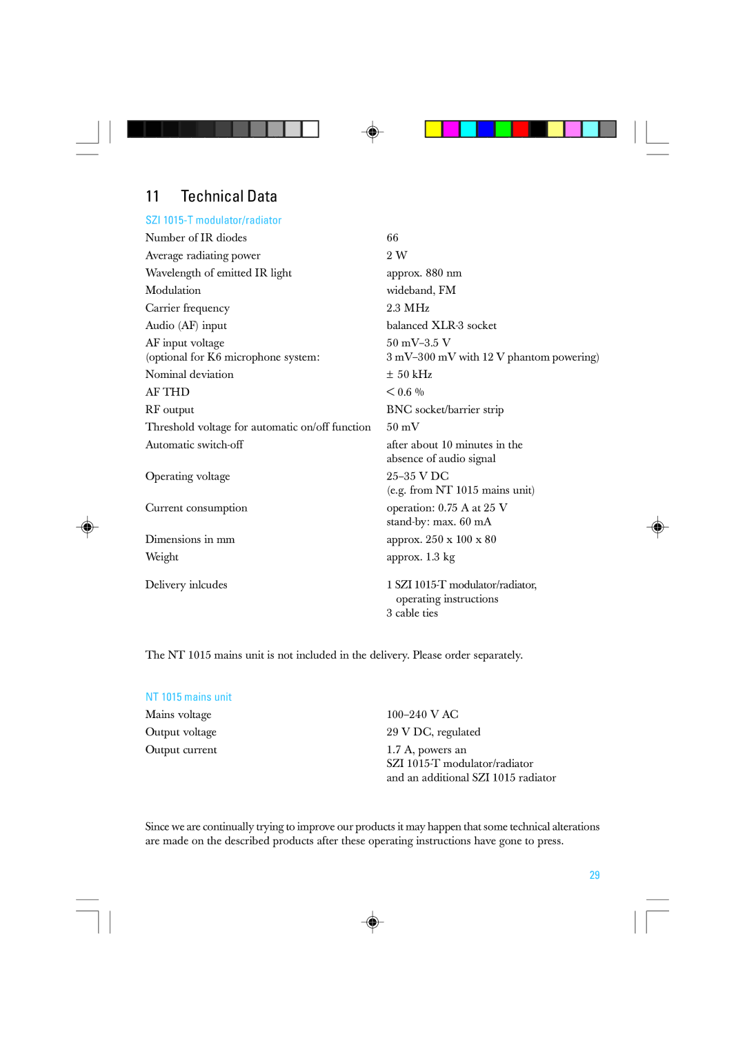 Sennheiser manual Technical Data, SZI 1015-T modulator/radiator, NT 1015 mains unit 