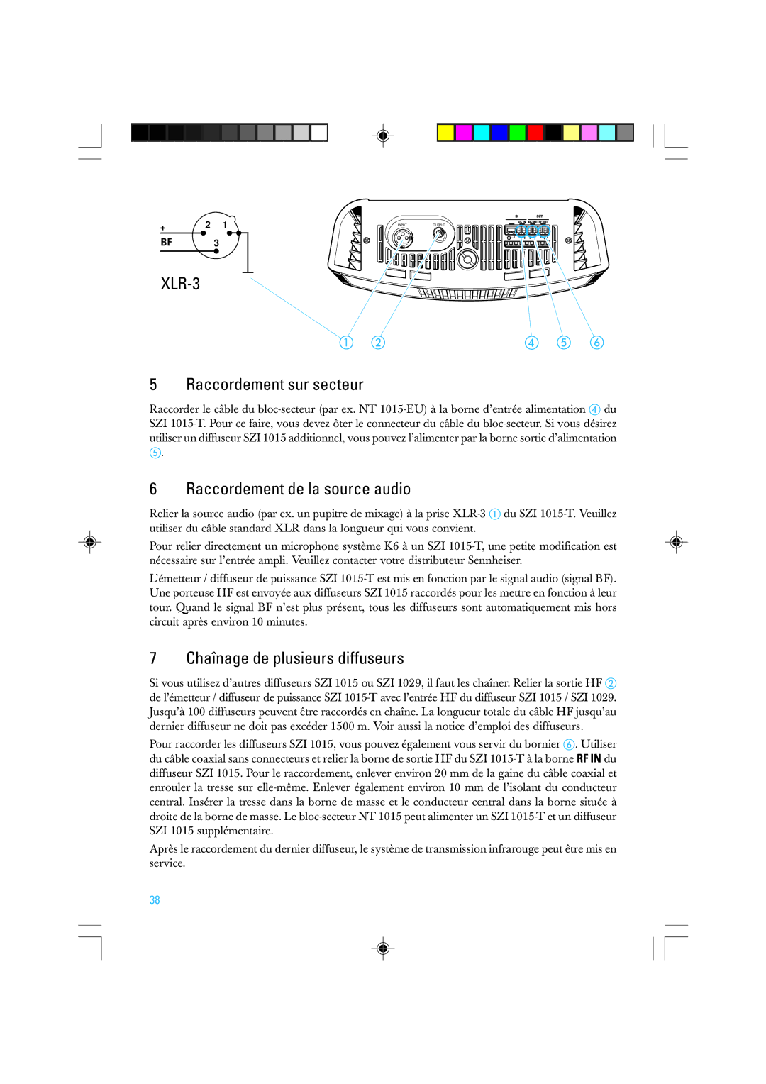 Sennheiser SZI 1015-T manual Raccordement sur secteur, Raccordement de la source audio, Chaînage de plusieurs diffuseurs 