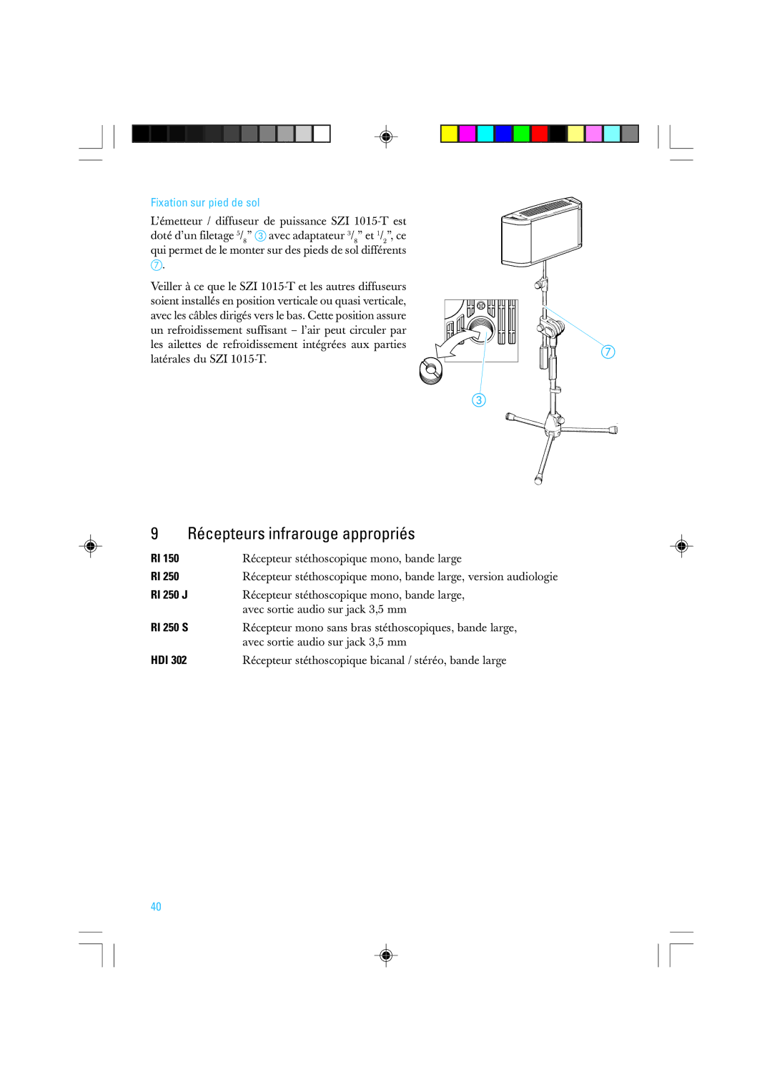 Sennheiser SZI 1015-T manual Récepteurs infrarouge appropriés, Fixation sur pied de sol 