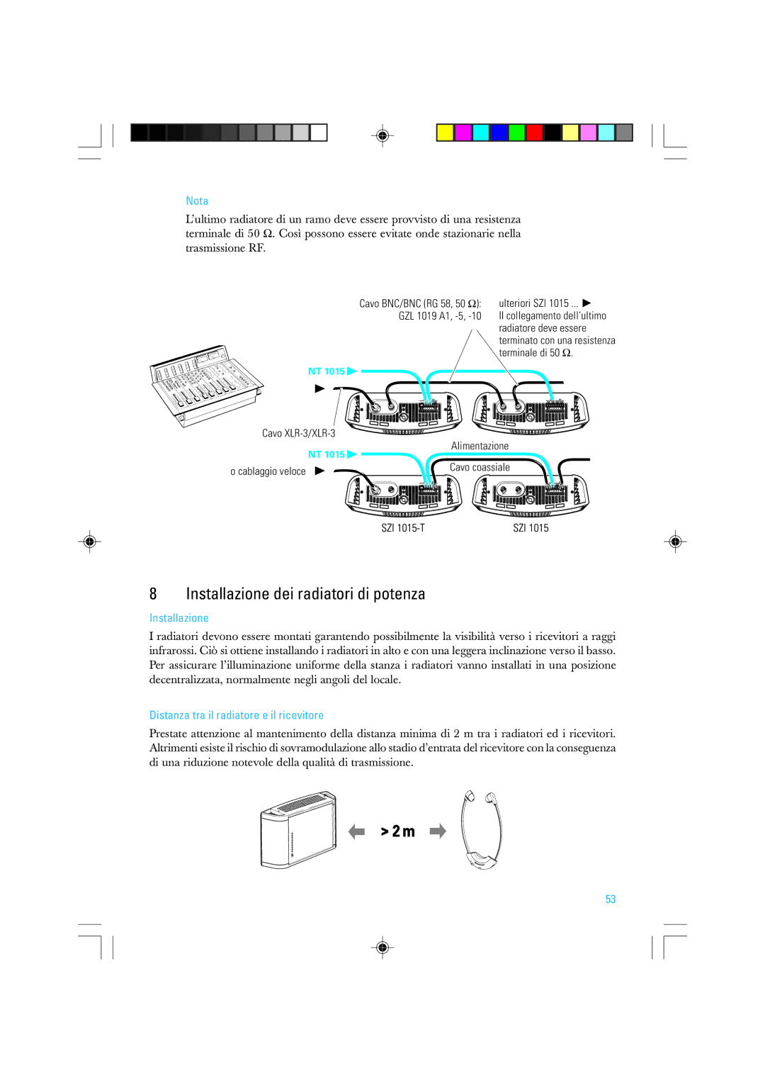 Sennheiser SZI 1015-T manual Installazione dei radiatori di potenza, Distanza tra il radiatore e il ricevitore 