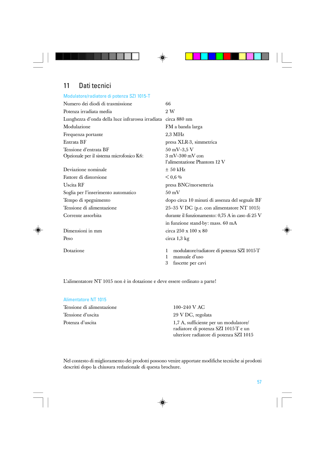 Sennheiser manual Dati tecnici, Modulatore/radiatore di potenza SZI 1015-T, Alimentatore NT 