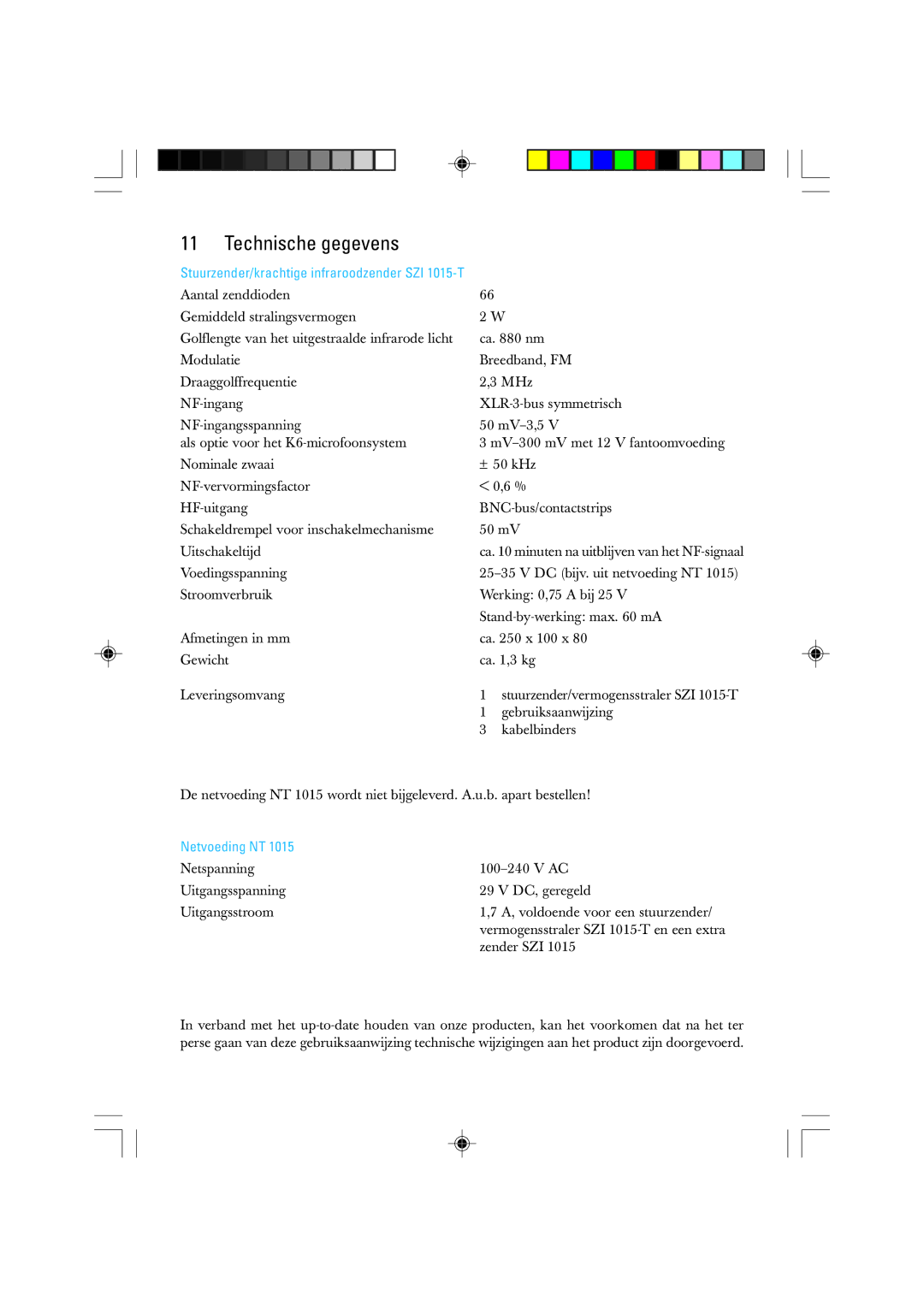 Sennheiser SZI 1015-T manual Technische gegevens, Netvoeding NT 