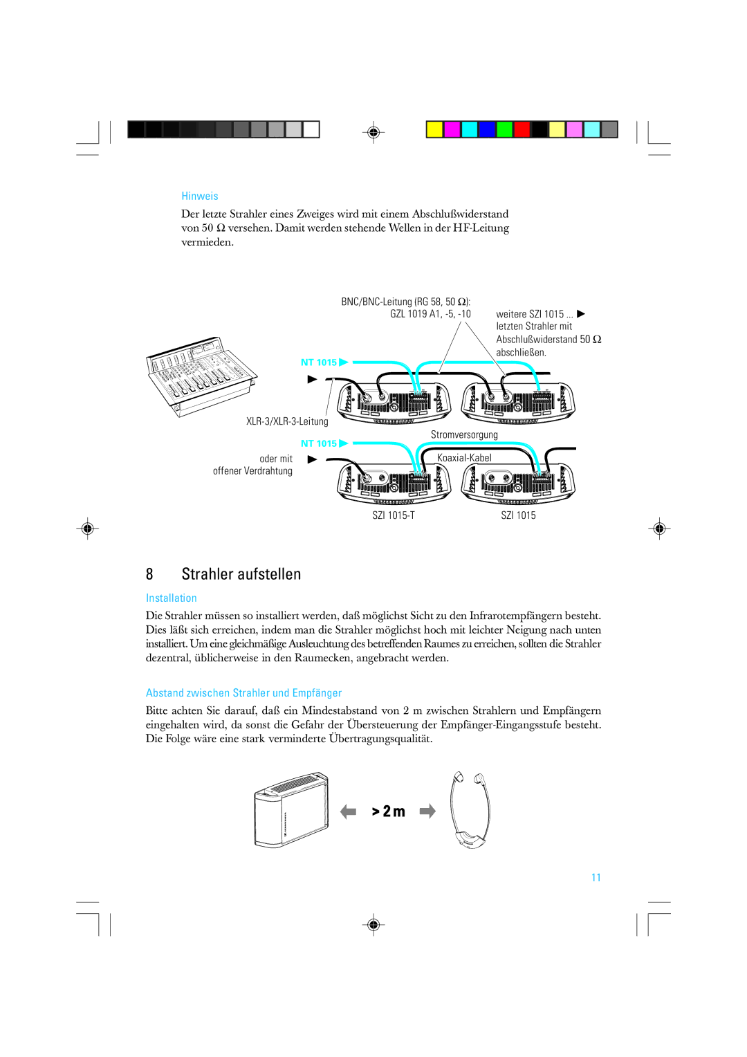 Sennheiser SZI 1015-T manual Strahler aufstellen, Hinweis, Installation, Abstand zwischen Strahler und Empfänger 