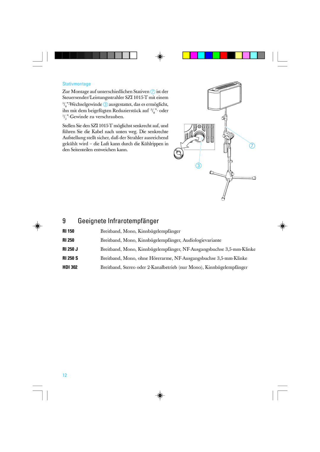 Sennheiser SZI 1015-T manual Geeignete Infrarotempfänger, Stativmontage 