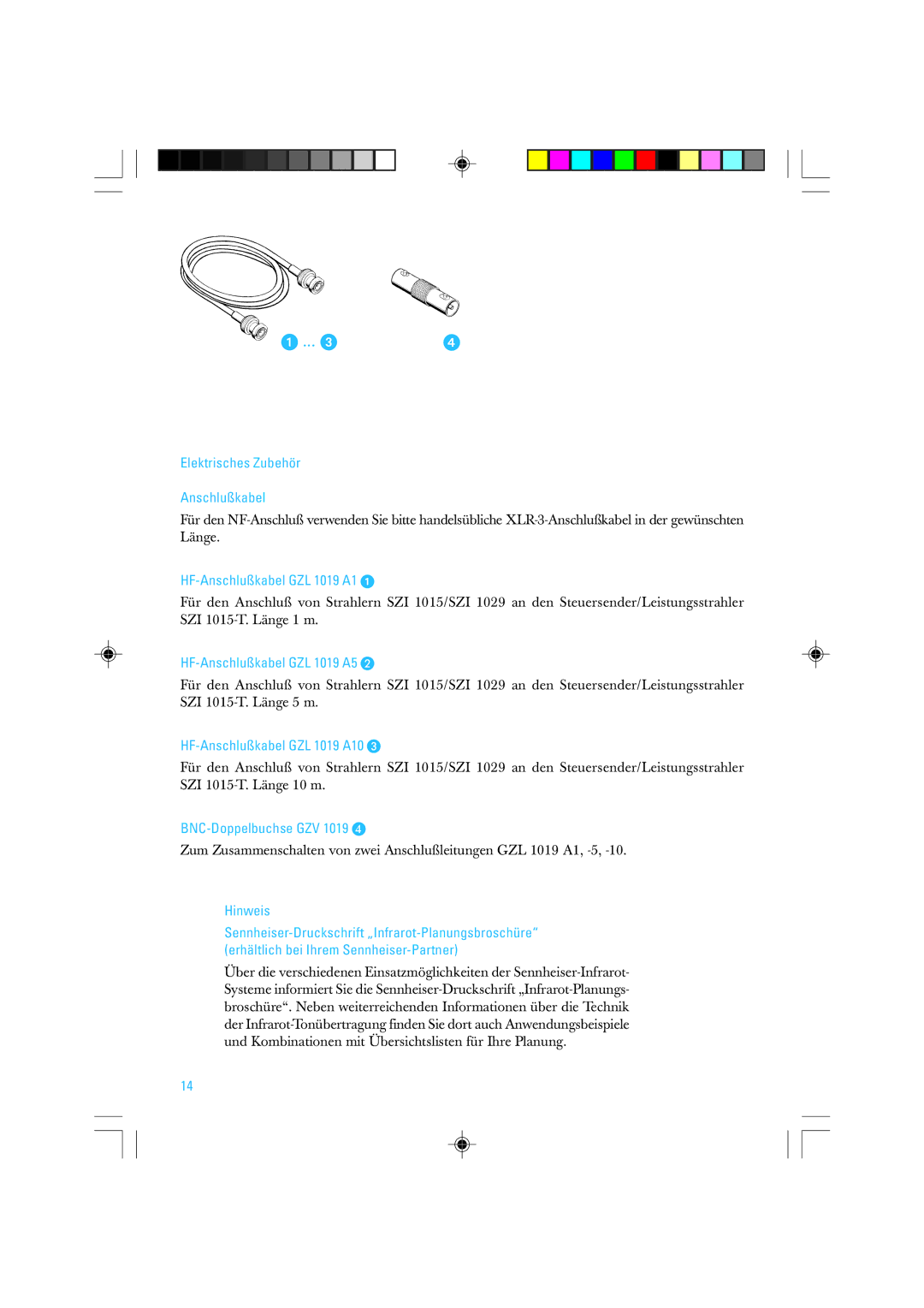 Sennheiser SZI 1015-T manual Elektrisches Zubehör Anschlußkabel, HF-Anschlußkabel GZL 1019 A1, HF-Anschlußkabel GZL 1019 A5 