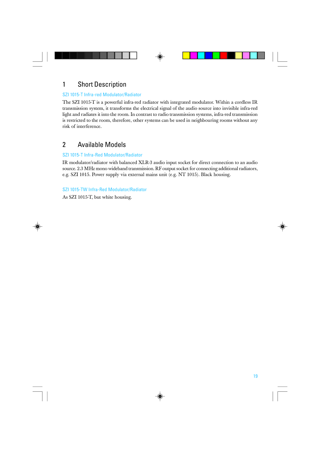 Sennheiser manual Short Description, Available Models, SZI 1015-T Infra-red Modulator/Radiator 