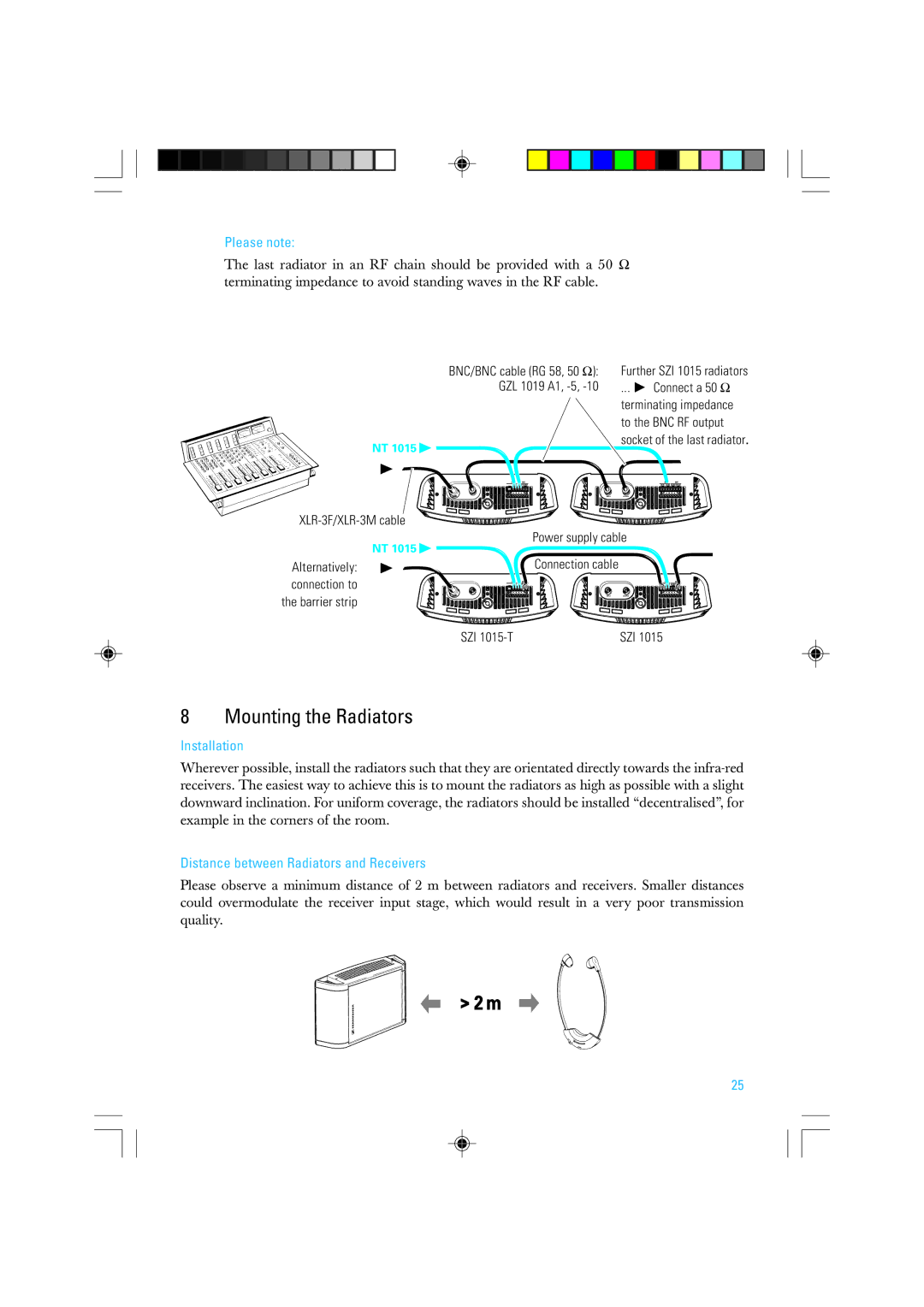 Sennheiser SZI 1015-T manual Mounting the Radiators, Please note, Distance between Radiators and Receivers 