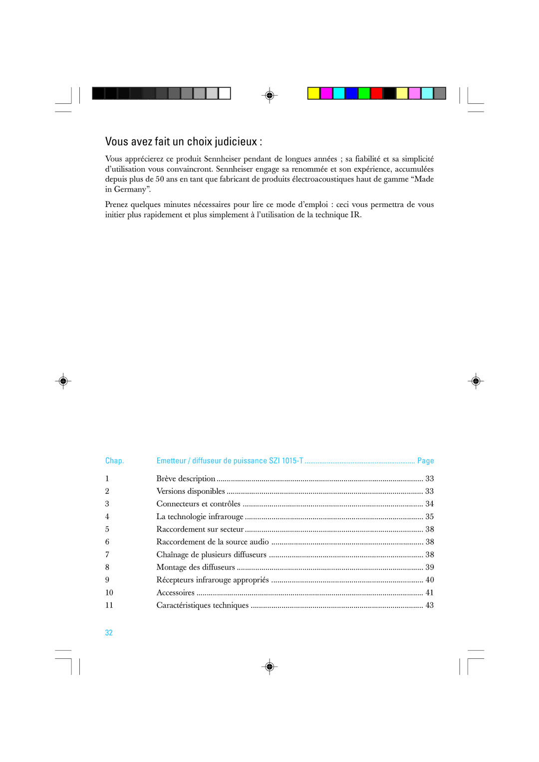 Sennheiser SZI 1015-T manual Vous avez fait un choix judicieux, Chap 