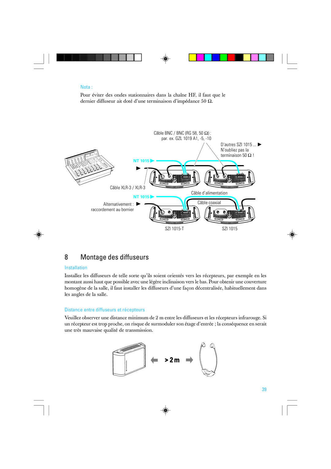 Sennheiser SZI 1015-T manual Montage des diffuseurs, Nota, Distance entre diffuseurs et récepteurs 