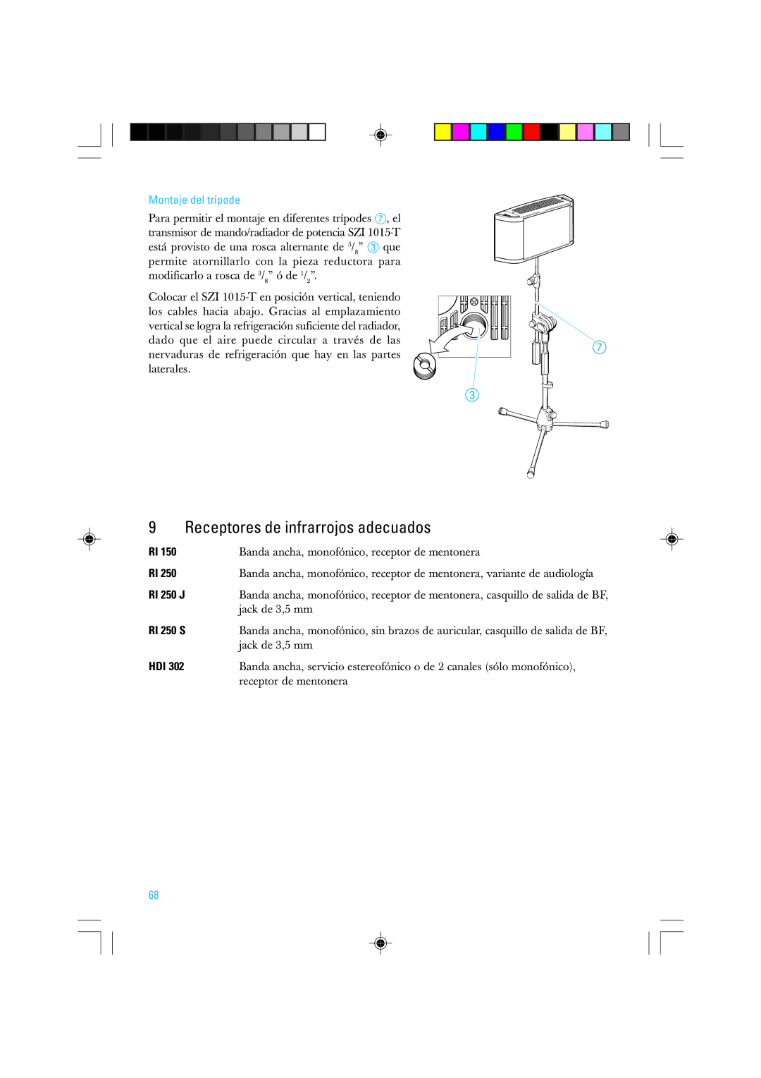 Sennheiser SZI 1015-T manual Receptores de infrarrojos adecuados, Montaje del trípode 