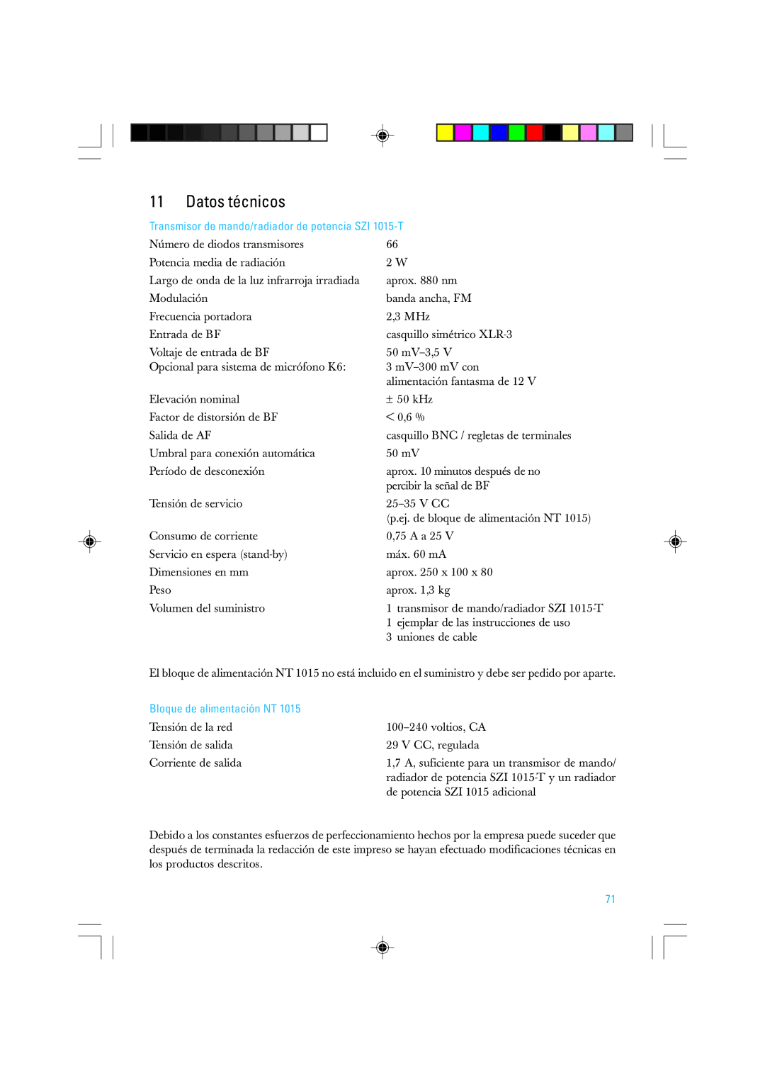 Sennheiser manual Datos técnicos, Transmisor de mando/radiador de potencia SZI 1015-T, Bloque de alimentación NT 