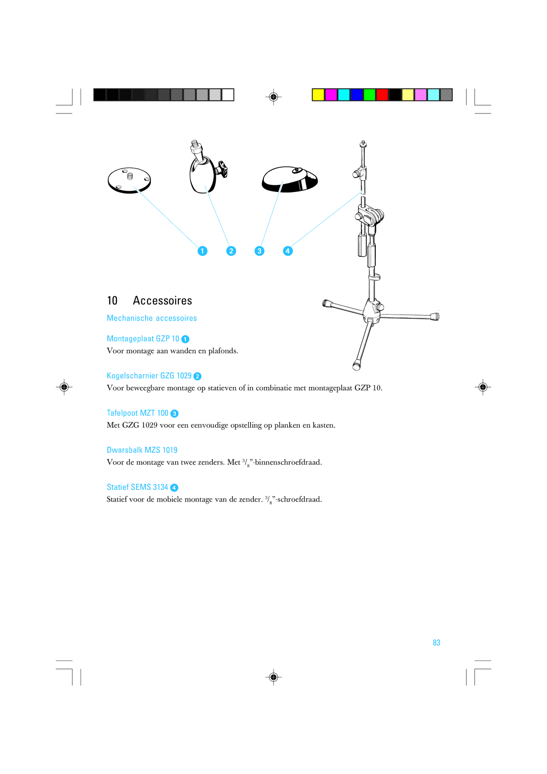 Sennheiser SZI 1015-T manual Mechanische accessoires Montageplaat GZP, Kogelscharnier GZG, Tafelpoot MZT, Dwarsbalk MZS 