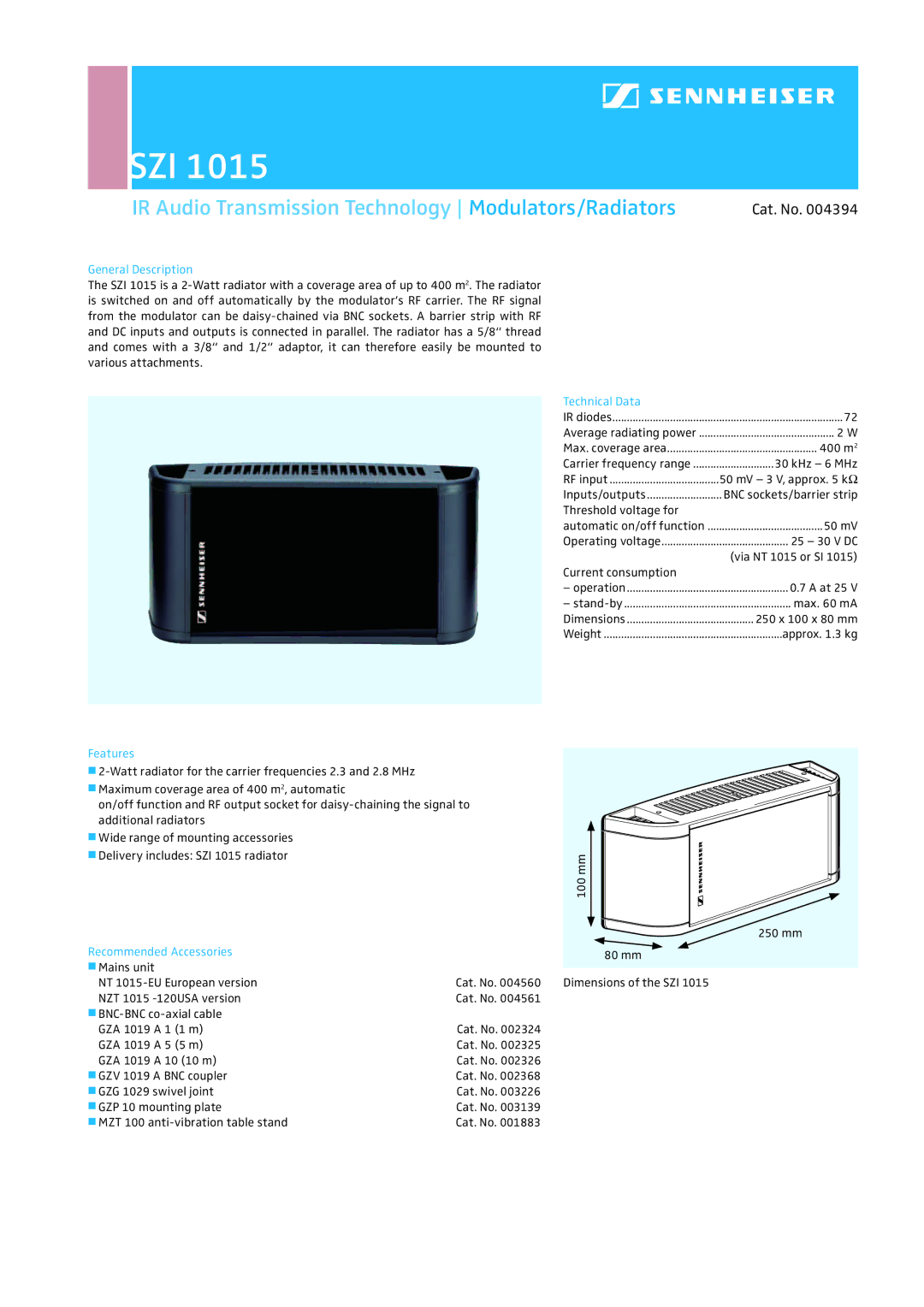 Sennheiser SZI 1015 dimensions Szi, IR Audio Transmission Technology Modulators/Radiators, Cat. No 