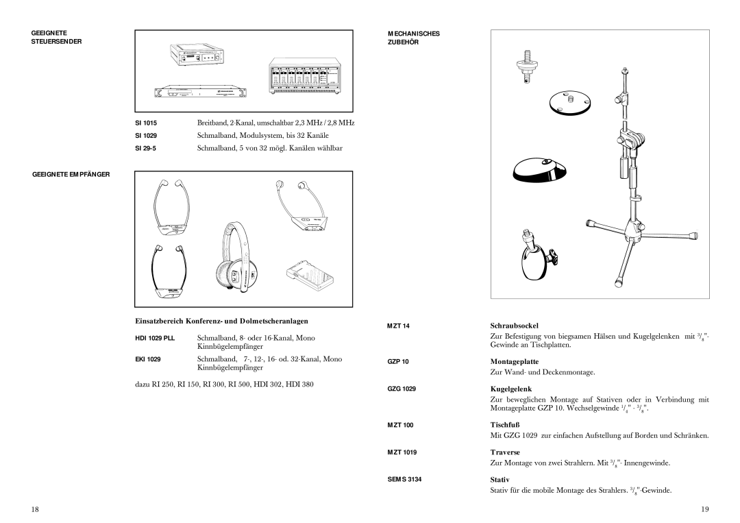 Sennheiser SZI 1029-10 manual Steuersender Zubehör, Geeignete Empfänger 