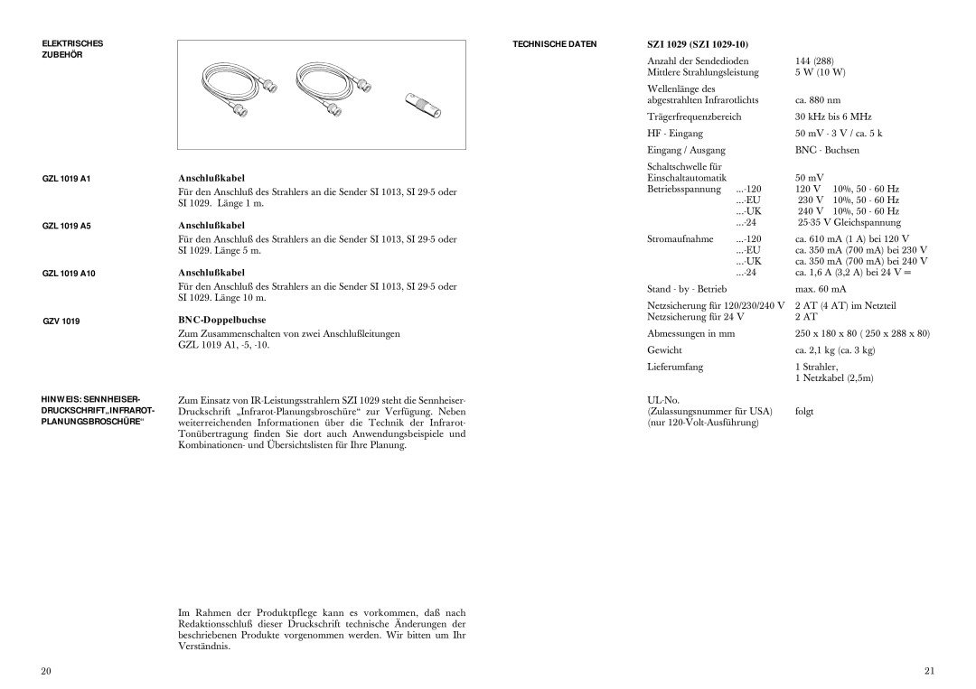 Sennheiser SZI 1029-10 manual Elektrisches Zubehör, GZL 1019 A1 GZL 1019 A5 GZL 1019 A10 GZV, Technische Daten 