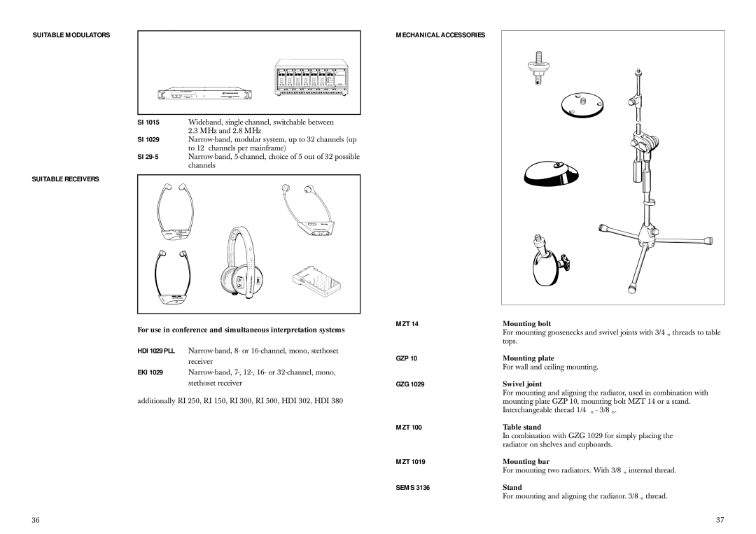 Sennheiser SZI 1029-10 manual Suitable Modulators, Suitable Receivers Mechanical Accessories, Gzp, Gzg 