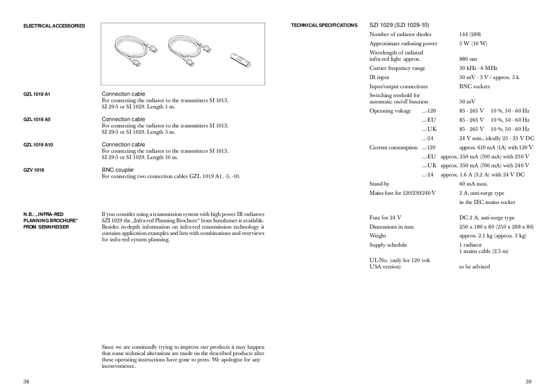 Sennheiser SZI 1029-10 Electrical Accessories, „Infra-Red, Planning Brochure, From Sennheiser, Technical Specifications 