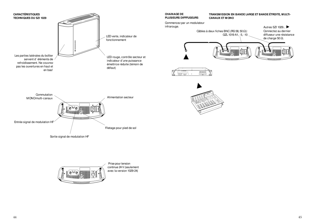 Sennheiser SZI 1029-10 manual CHAîNAGE DE, Plusieurs Difffuseurs Canaux ET Mono, Commencez par un modulateur infrarouge 