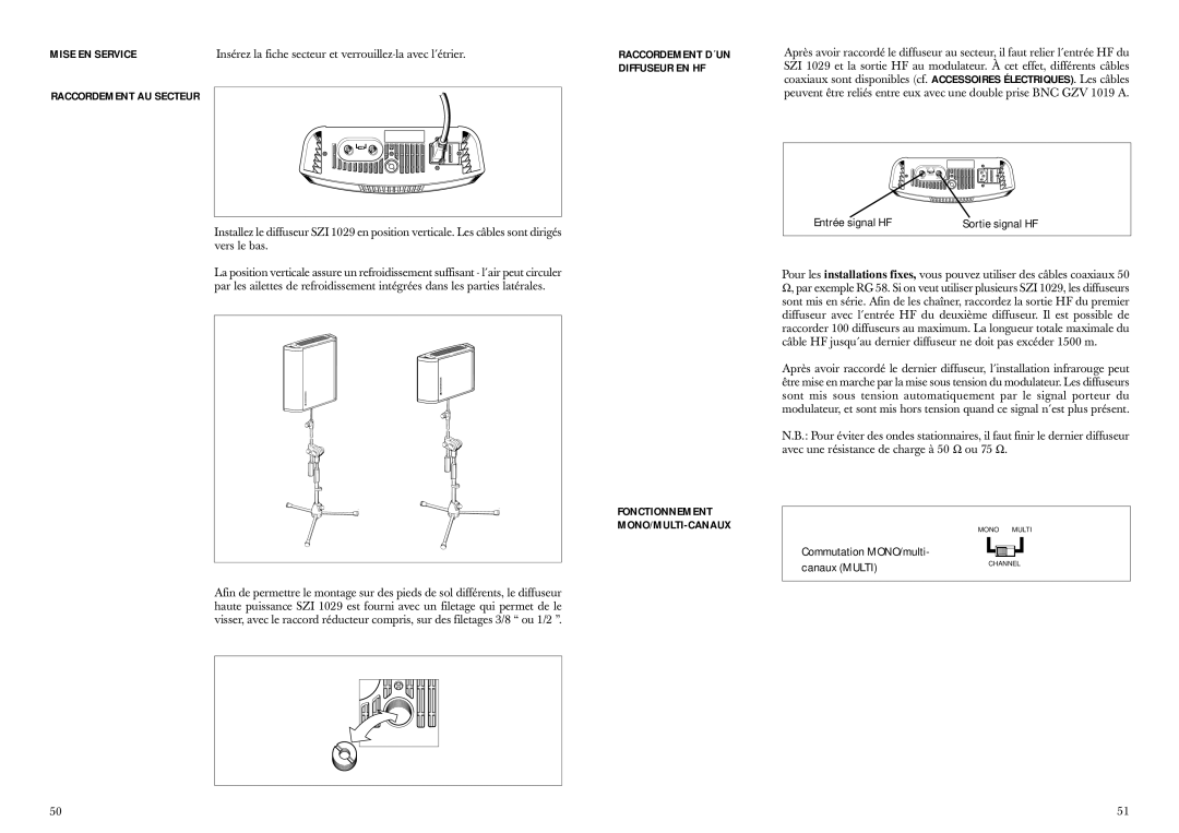 Sennheiser SZI 1029-10 manual Mise EN Service, Diffuseur EN HF, Raccordement AU Secteur, Fonctionnement MONO/MULTI-CANAUX 