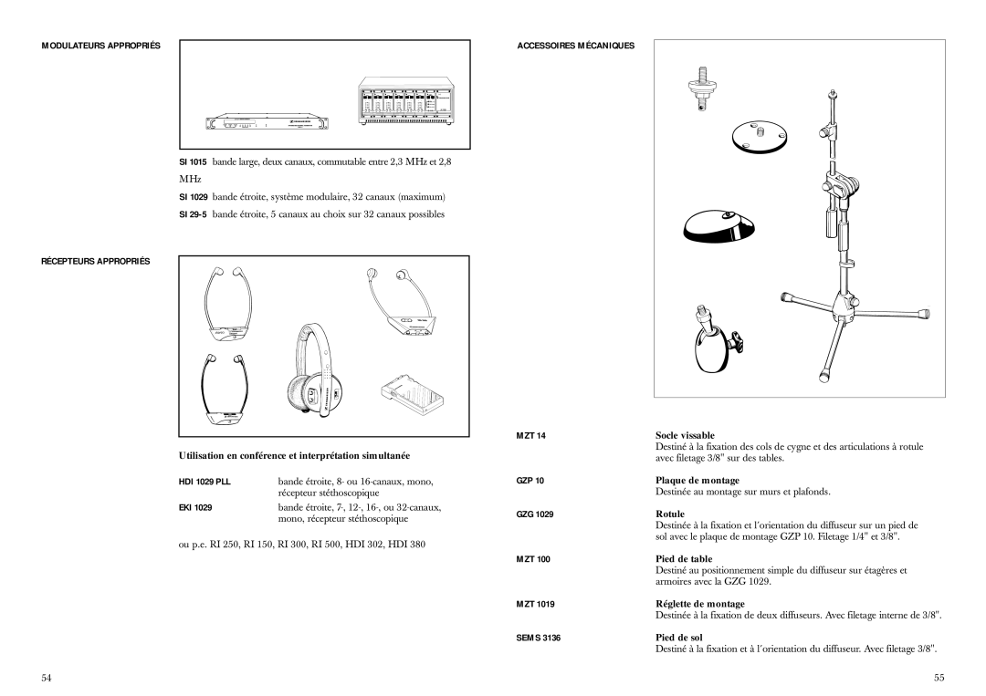 Sennheiser SZI 1029-10 manual Modulateurs Appropriés, Récepteurs Appropriés, Accessoires Mécaniques 