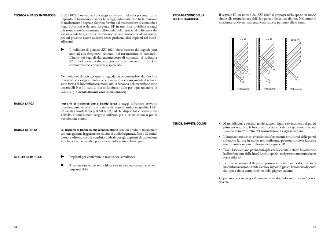 Sennheiser SZI 1029-10 manual Luce Infrarossa, Potenza. eventualmente esecuzioni fornibili, Banda Larga, Banda Stretta 
