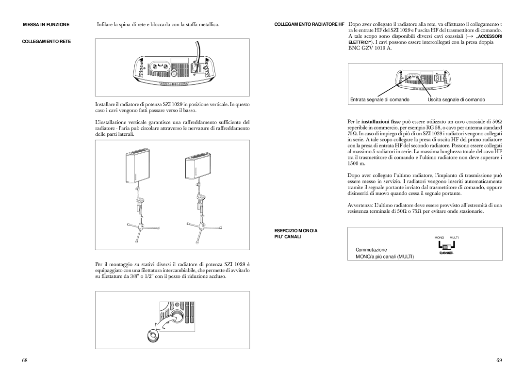 Sennheiser SZI 1029-10 manual Messa in Funzione Collegamento Rete, Entrata segnale di comando Uscita segnale di comando 