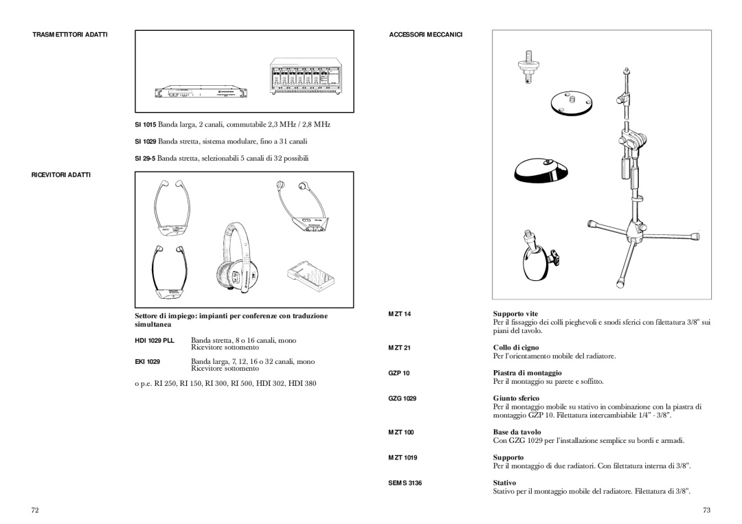 Sennheiser SZI 1029-10 manual Trasmettitori Adatti, Ricevitori Adatti Accessori Meccanici 