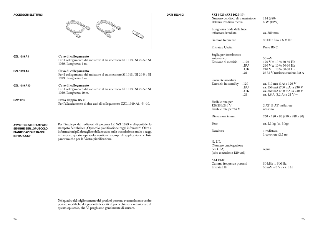 Sennheiser SZI 1029-10 manual Accessori Elettrici, Dati Tecnici 