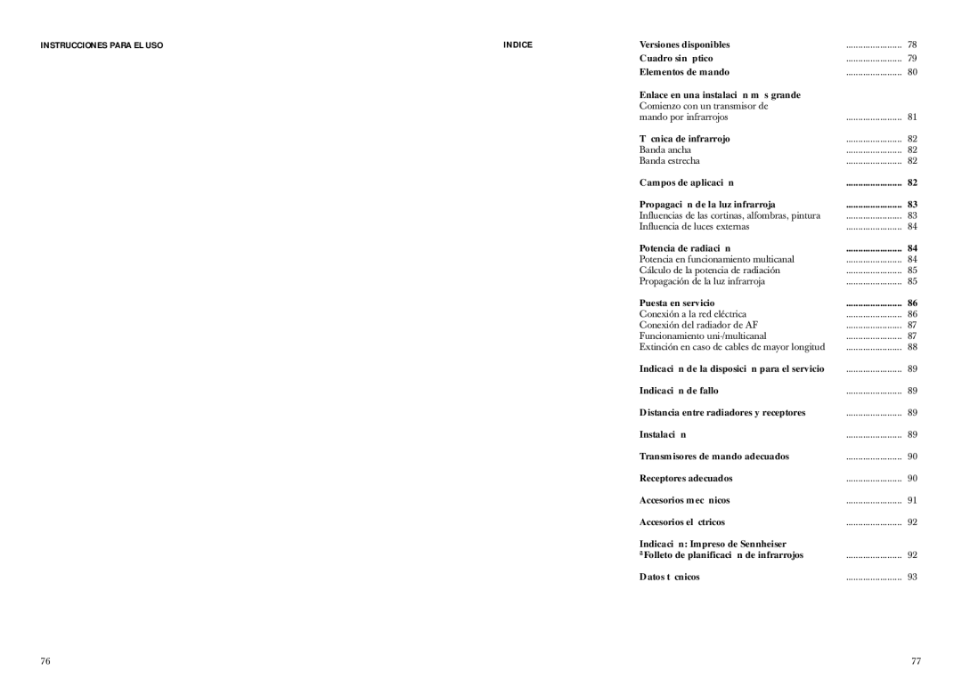 Sennheiser SZI 1029-10 manual Instrucciones Para EL USO Indice 