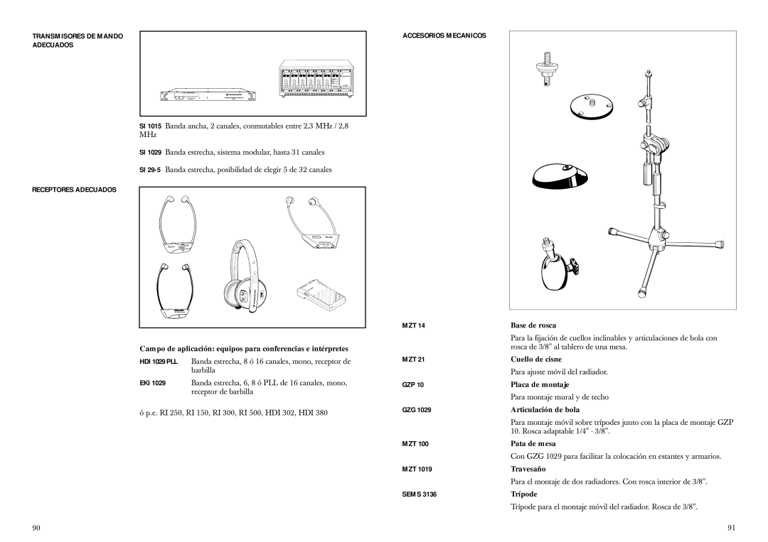 Sennheiser SZI 1029-10 manual Transmisores DE Mando Adecuados, Receptores Adecuados, Accesorios Mecanicos 