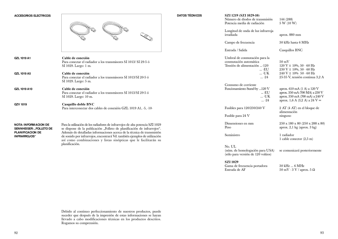 Sennheiser SZI 1029 Accesorios Electricos, Nota Informacion DE, Sennheiser „FOLLETO DE, Planificacion DE, Infrarrojos 