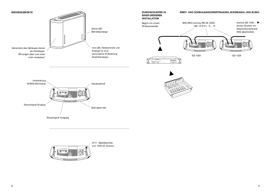 Sennheiser SZI 1029-10 manual Bedienelemente Durchschleifen, Einer GRÖßEREN, Installation 