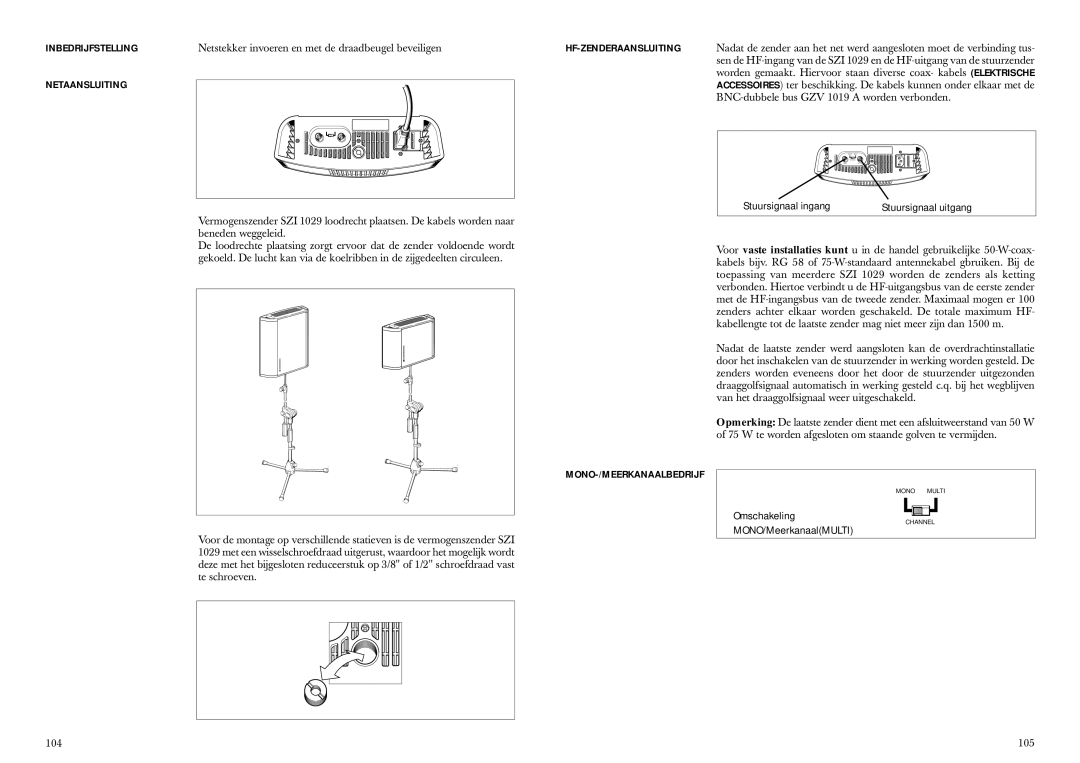 Sennheiser SZI 1029 Inbedrijfstelling Netaansluiting, Stuursignaal ingang Stuursignaal uitgang, Mono-/Meerkanaalbedrijf 