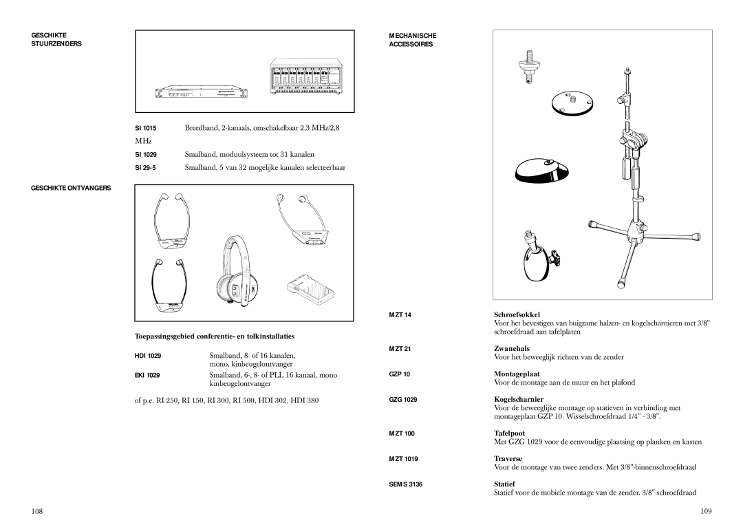 Sennheiser SZI 1029-10 manual Geschikte Stuurzenders, Geschikte Ontvangers, Hdi, Mechanische Accessoires 